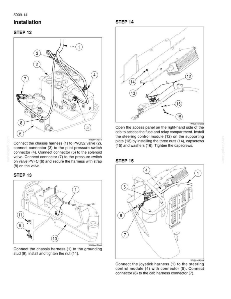 May include: A technical installation manual page labeled 5009-14, featuring four black and white line drawings illustrating steps 12 through 15 for connecting wiring harnesses, valves, and a steering control module with numbered components and text.