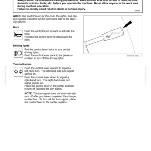 May include: Diagram of a control lever for a machine, detailing horn, lights, and turn signal functions. Includes a warning about hazards to bystanders and instructions for operation. The lever is shown with symbols for each function.