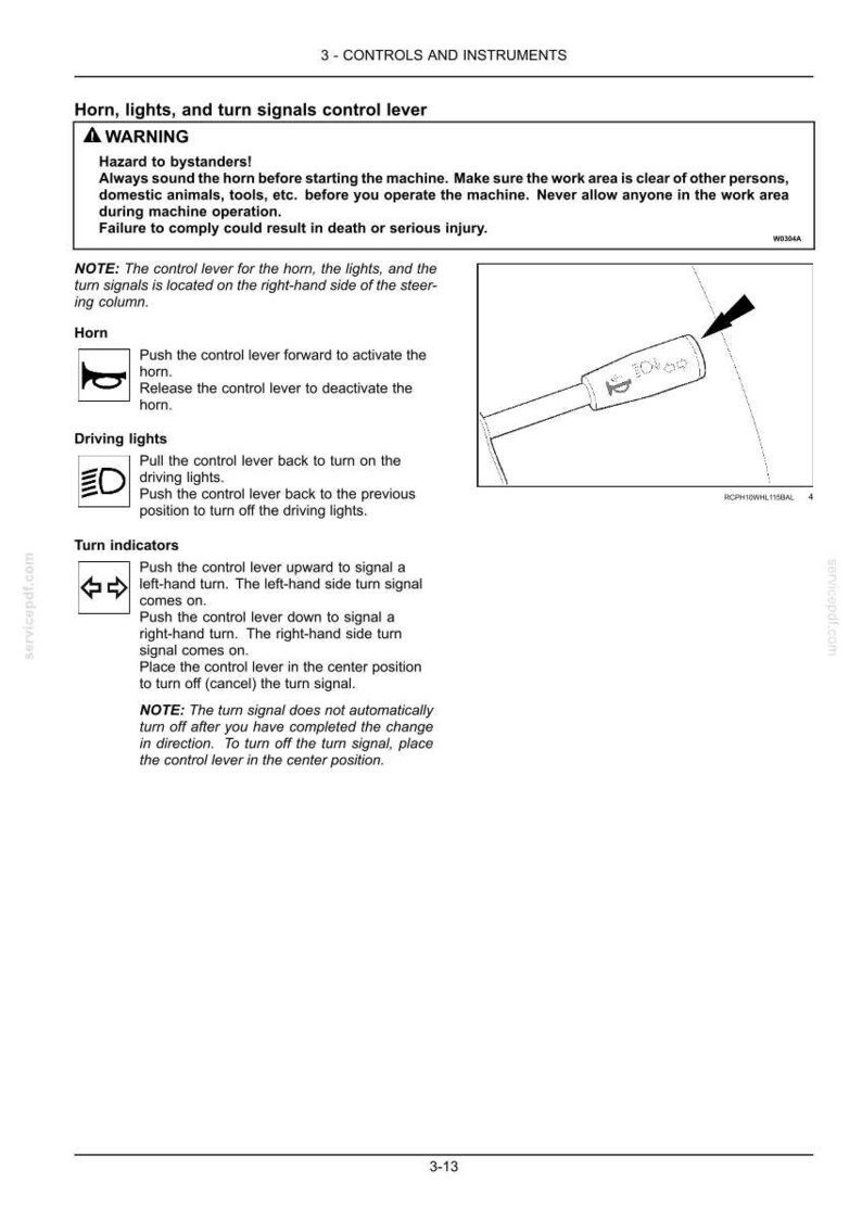 May include: Diagram of a control lever for a machine, detailing horn, lights, and turn signal functions. Includes a warning about hazards to bystanders and instructions for operation. The lever is shown with symbols for each function.