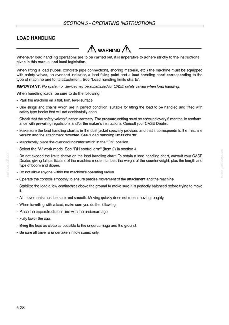 May include: A page from an operating instructions manual with the title "LOAD HANDLING" and a warning symbol. The text provides safety guidelines for lifting loads, including checking safety valves and using appropriate equipment.