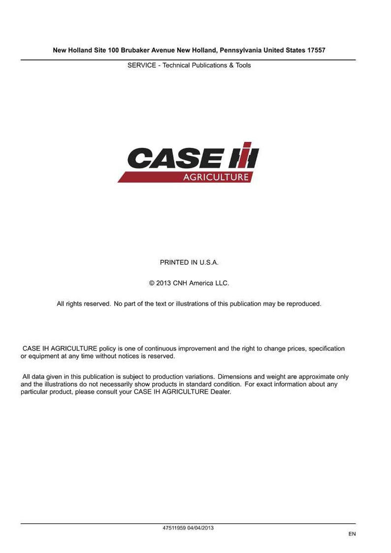 K&ouml;nnte beinhalten: Ein wei&szlig;es Dokument mit dem Logo "CASE IH AGRICULTURE" in Rot und Schwarz. Das Dokument enth&auml;lt Text &uuml;ber technische Publikationen und Werkzeuge, gedruckt in den USA.