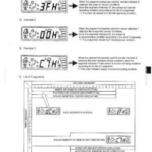 May include: A technical document page titled 25. AIR-CONDITIONER SYSTEM showing diagnostic monitor mode display examples. It includes three numbered examples with digital LCD readouts and a table listing segments for sensor conditions.