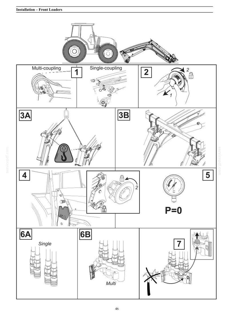 May include: Diagram of front loader installation with numbered steps. Includes a tractor, hydraulic components, and diagrams for multi-coupling and single-coupling systems. Features a pressure gauge reading P=0 and various connection points.