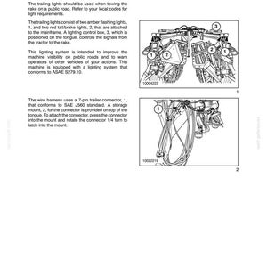 Puede incluir: Una p&aacute;gina de manual t&eacute;cnico titulada SECTION 55 - ELECTRICAL SYSTEM - CHAPTER 1, con diagramas de un rastrillo 216. El texto detalla el sistema de iluminaci&oacute;n con luces &aacute;mbar y rojas, y un conector de remolque de 7 pines seg&uacute;n norma SAE J560.
