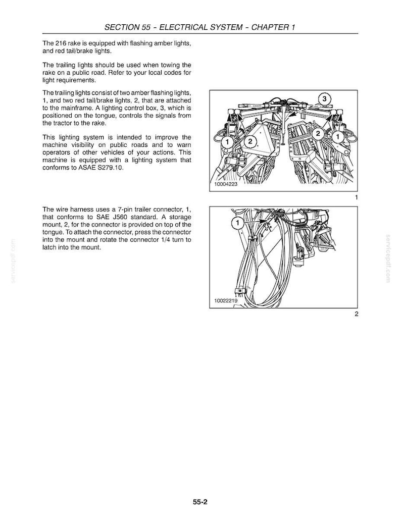 Puede incluir: Una p&aacute;gina de manual t&eacute;cnico titulada SECTION 55 - ELECTRICAL SYSTEM - CHAPTER 1, con diagramas de un rastrillo 216. El texto detalla el sistema de iluminaci&oacute;n con luces &aacute;mbar y rojas, y un conector de remolque de 7 pines seg&uacute;n norma SAE J560.