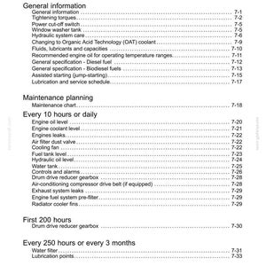 May include: A page from a maintenance manual with the title "7 MAINTENANCE." The document lists general information, maintenance planning, and maintenance schedules for various components, including engine oil, coolant, and filters.