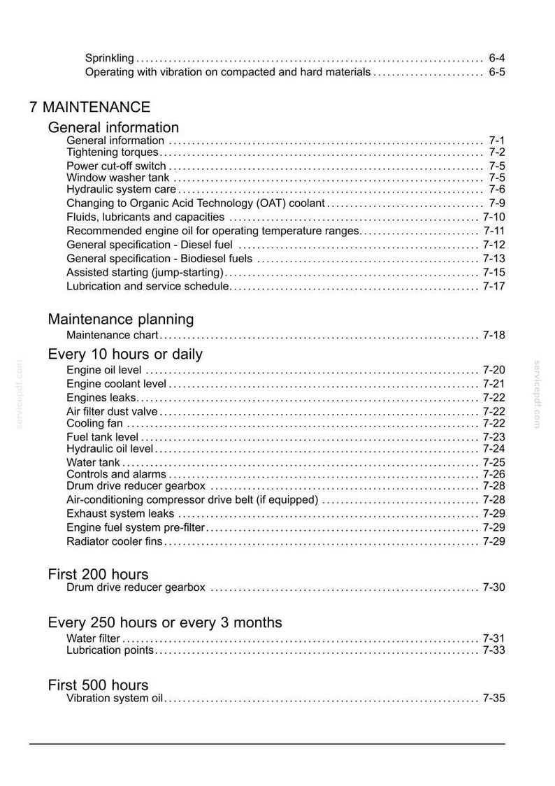 May include: A page from a maintenance manual with the title "7 MAINTENANCE." The document lists general information, maintenance planning, and maintenance schedules for various components, including engine oil, coolant, and filters.