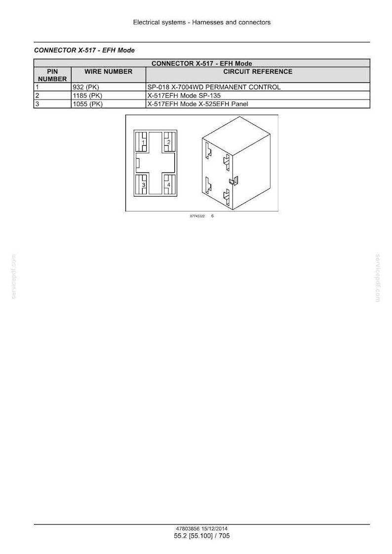 May include: Diagram of a connector labeled "CONNECTOR X-517 - EFH Mode" with a table listing pin and wire numbers, and circuit references. Includes a 3D illustration of the connector and a 2D schematic. Text at the top reads "Electrical systems - Harnesses and connectors."