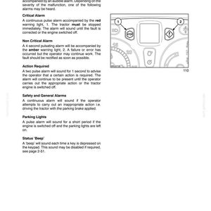 Może przedstawiać: Strona z instrukcji technicznej zatytułowana SECTION 2 - CONTROLS, INSTRUMENTS, AND OPERATION. Opisuje funkcje alarmowe, w tym ostrzeżenia krytyczne i niekrytyczne. Schemat przedstawia deskę rozdzielczą ciągnika z ponumerowanymi wskaźnikami ostrzegawczymi.