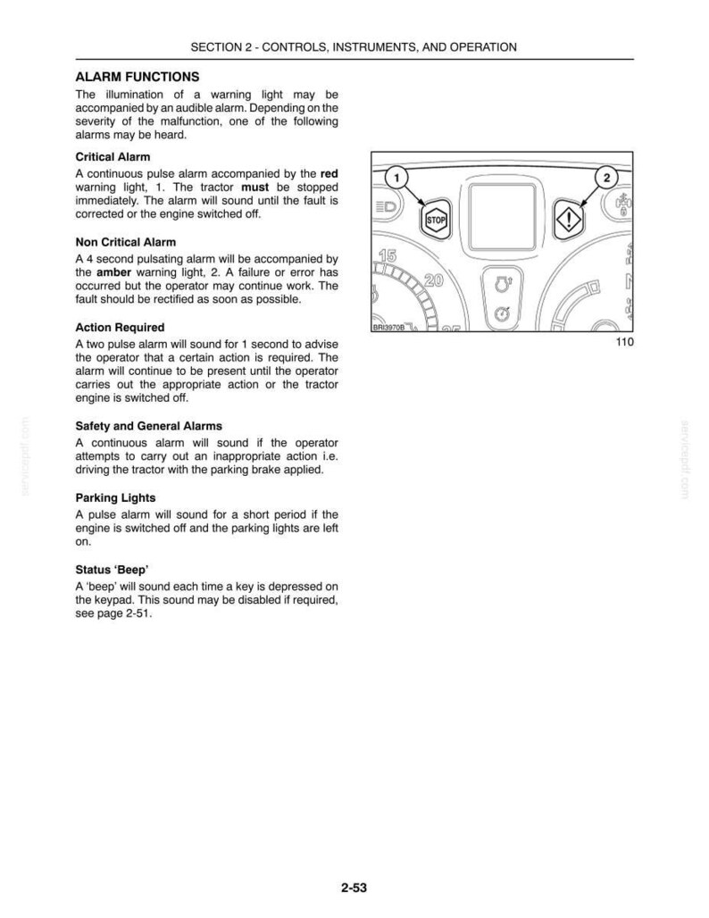 Może przedstawiać: Strona z instrukcji technicznej zatytułowana SECTION 2 - CONTROLS, INSTRUMENTS, AND OPERATION. Opisuje funkcje alarmowe, w tym ostrzeżenia krytyczne i niekrytyczne. Schemat przedstawia deskę rozdzielczą ciągnika z ponumerowanymi wskaźnikami ostrzegawczymi.
