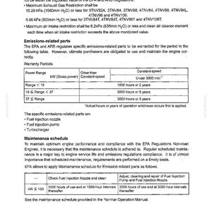 May include: A technical document page titled 9. REFERENCE containing engine installation requirements, emissions-related parts, warranty periods, and a maintenance schedule table for Yanmar engines, detailing kPa limits and service hour intervals.