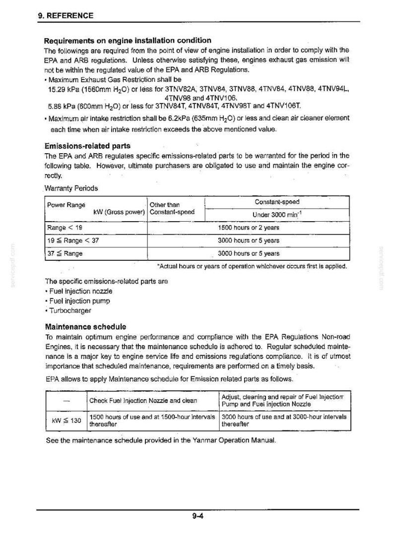 May include: A technical document page titled 9. REFERENCE containing engine installation requirements, emissions-related parts, warranty periods, and a maintenance schedule table for Yanmar engines, detailing kPa limits and service hour intervals.