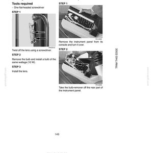 May include: A black and white diagram illustrating the process of replacing a bulb in a car's electrical system. The steps include removing the instrument panel, twisting off the lens, and installing a new bulb. The text reads "REPLACING A BULB".