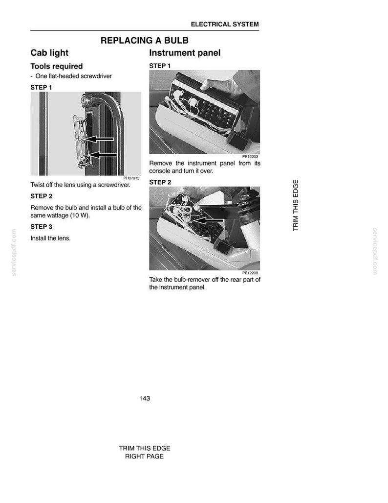 May include: A black and white diagram illustrating the process of replacing a bulb in a car's electrical system. The steps include removing the instrument panel, twisting off the lens, and installing a new bulb. The text reads "REPLACING A BULB".