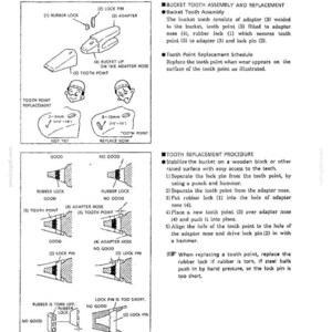 May include: A technical instruction sheet titled REPLACING THE TOOTH POINT, featuring black and white line drawings of a bucket tooth assembly, adapter, rubber lock, lock pin, and tooth point, with diagrams showing wear limits of 2-3mm and 8-10mm.