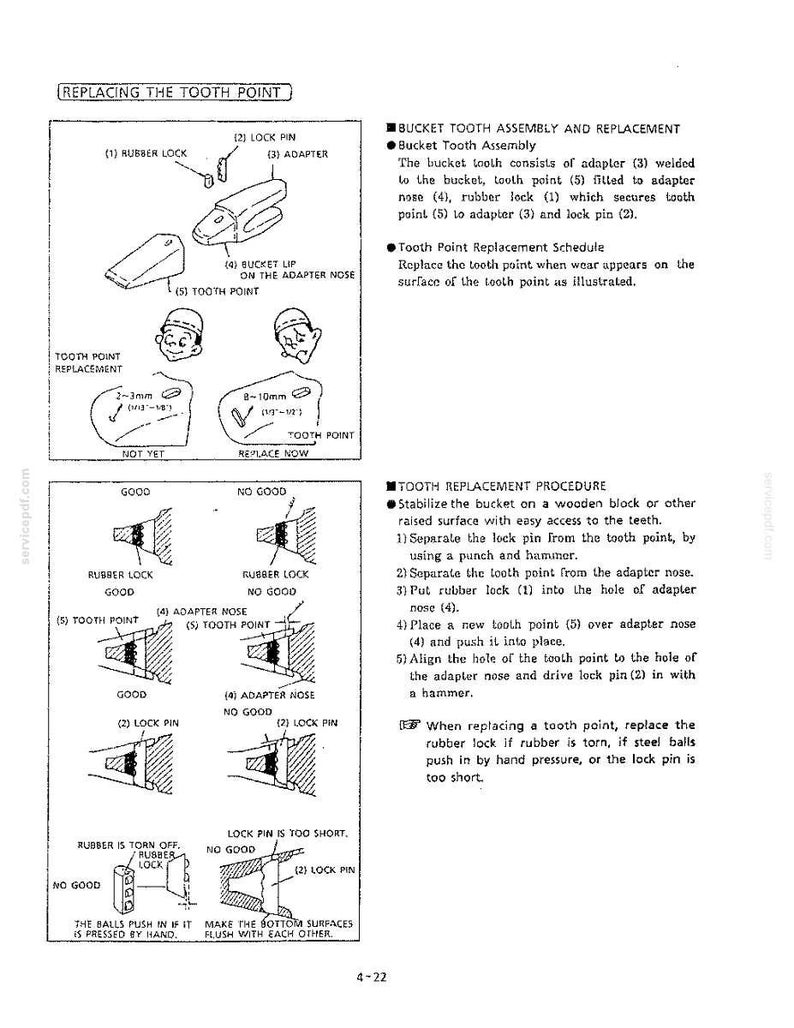 May include: A technical instruction sheet titled REPLACING THE TOOTH POINT, featuring black and white line drawings of a bucket tooth assembly, adapter, rubber lock, lock pin, and tooth point, with diagrams showing wear limits of 2-3mm and 8-10mm.