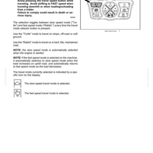 Puede incluir: Diagrama de un panel de control con un bot&oacute;n selector de modo de viaje. El panel incluye iconos para varias funciones y una advertencia sobre la p&eacute;rdida de control. El texto explica el uso de los modos "Tortuga" y "Conejo".