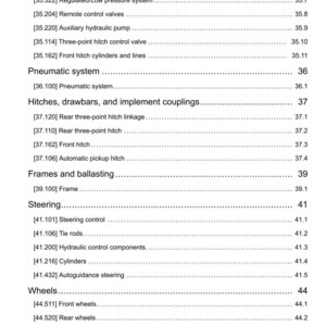 May include: A detailed page from a manual, featuring a table of contents with various mechanical system components. Sections include pneumatic systems, hitches, steering, and wheels. The document is dated 11/17/2015.