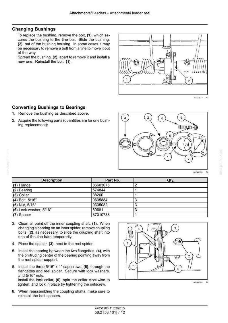 May include: Diagram of mechanical parts with labels and part numbers. Instructions include steps for changing bushings and converting them to bearings. Includes a parts list with descriptions like 'Flange' and 'Bearing'.