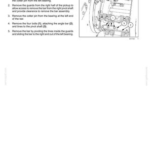 May include: Diagram showing how to remove a tine bar from a pickup reel. The image has numbered instructions and labels for components such as bolts and the pivot shaft. Text includes "Product feeding - Pickup".