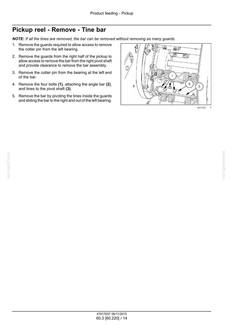May include: Diagram showing how to remove a tine bar from a pickup reel. The image has numbered instructions and labels for components such as bolts and the pivot shaft. Text includes "Product feeding - Pickup".