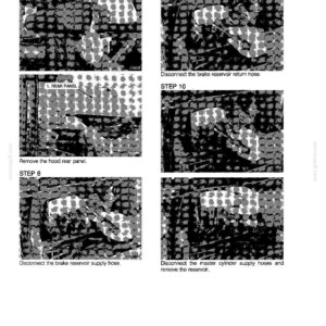 Może przedstawiać: Strona z instrukcji z diagramami i instrukcjami dotyczącymi naprawy samochod&oacute;w. Obraz zawiera kroki 7, 8, 9 i 10, z tekstem takim jak "Zdejmij tylny panel maski" i "Odłącz przew&oacute;d powrotny zbiornika płynu hamulcowego."