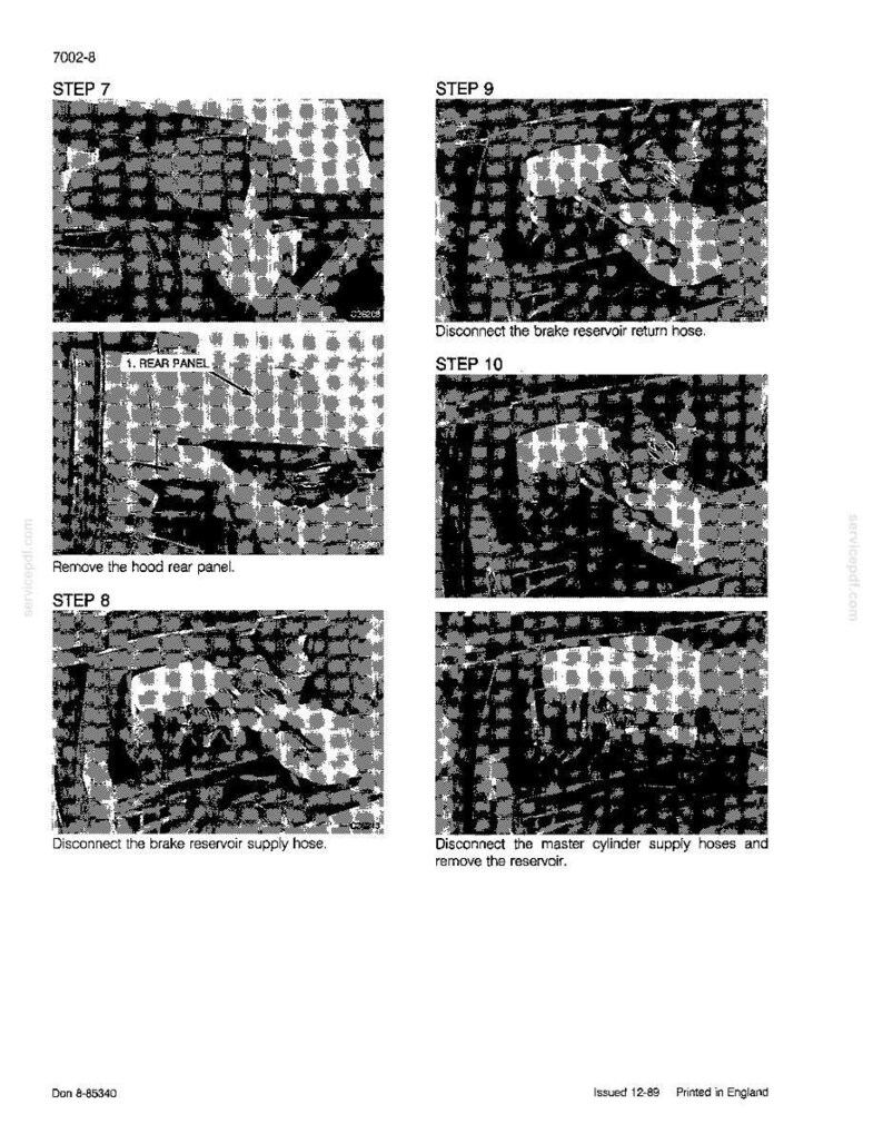 Może przedstawiać: Strona z instrukcji z diagramami i instrukcjami dotyczącymi naprawy samochod&oacute;w. Obraz zawiera kroki 7, 8, 9 i 10, z tekstem takim jak "Zdejmij tylny panel maski" i "Odłącz przew&oacute;d powrotny zbiornika płynu hamulcowego."