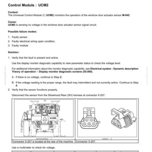 May include: A diagnostic document titled "E0316-05-Windrow Door Actuator Sensor - Line disconnected." It includes troubleshooting steps, diagrams of connectors, and voltage readings. The document is for an electrical system and includes fault codes.