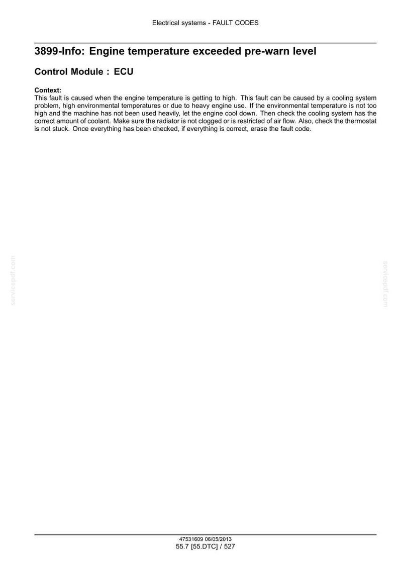 Op de afbeelding: Een technisch document met de titel "Elektrische systemen - STORINGCODES" en foutcode 3899-Info: Motortemperatuur overschreden waarschuwingsniveau. Het biedt context en stappen voor probleemoplossing.