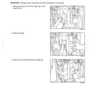 May include: A technical manual page titled 6-FIELD OPERATION High Clearance Hitch Setting. It features three black and white line drawings illustrating steps to adjust a tractor hitch, including removing a hair pin, a flag, and a pin.