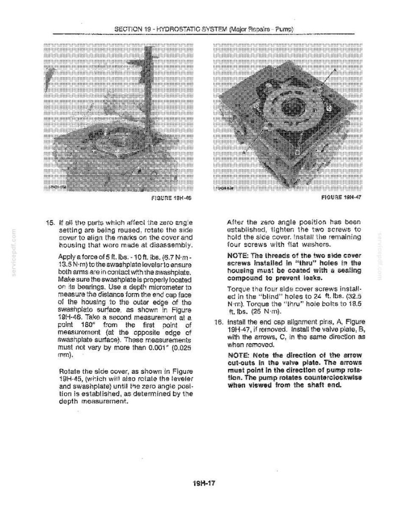 Pu&ograve; includere: Diagramma tecnico da un manuale di riparazione di sistemi idrostatici. L'immagine include illustrazioni dettagliate di componenti meccanici, diagrammi e istruzioni testuali per l'assemblaggio e la manutenzione. Il testo include misure in pollici e piedi-libbra.