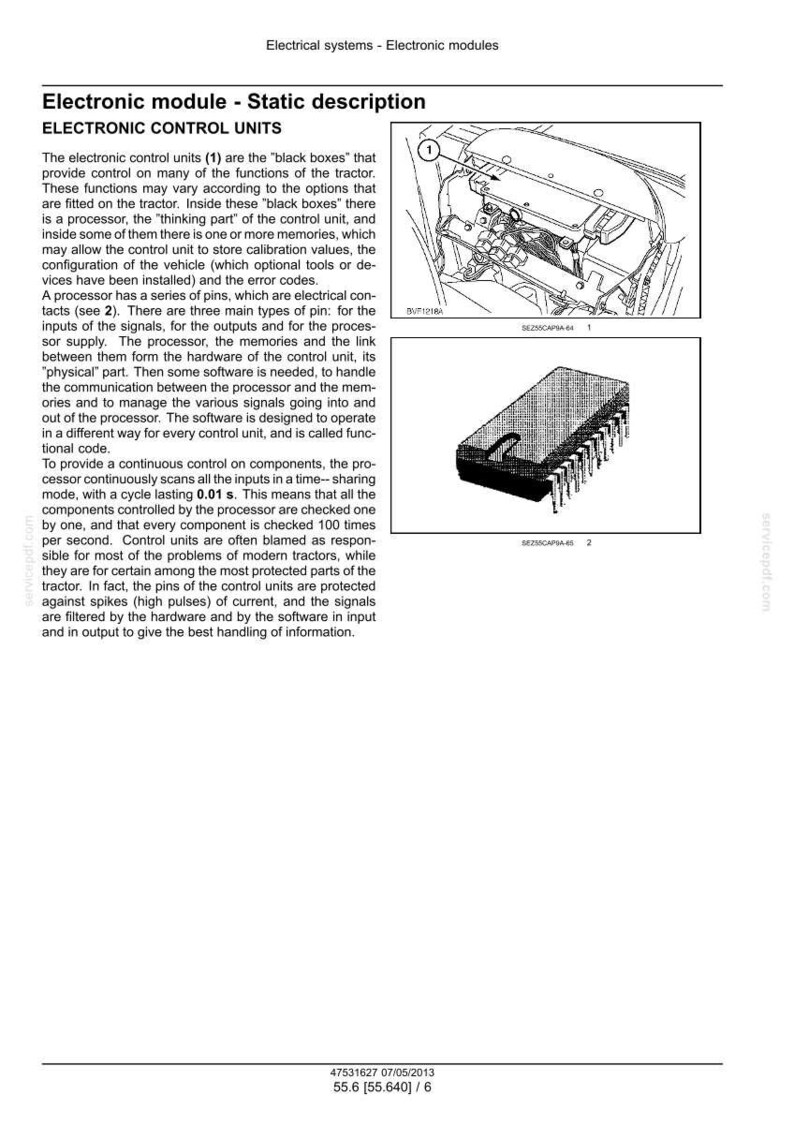 May include: A technical document page titled Electrical systems - Electronic modules, featuring a line drawing of a tractor engine compartment with a labelled electronic control unit and a separate illustration of a rectangular integrated circuit chip.
