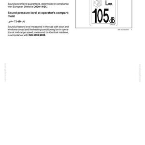 May include: A page from a safety manual with noise emission information. It includes sound power level at 105 dB and sound pressure level at 72 dB. A graphic shows a speaker symbol and the number 105 dB.