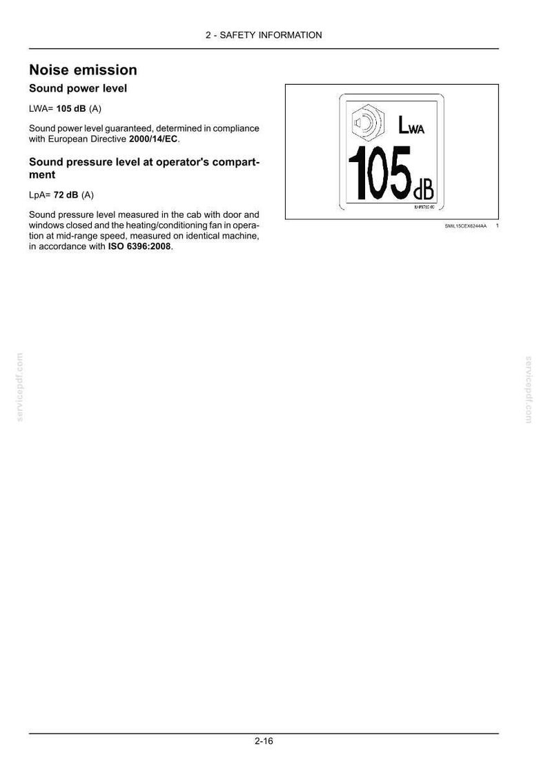 May include: A page from a safety manual with noise emission information. It includes sound power level at 105 dB and sound pressure level at 72 dB. A graphic shows a speaker symbol and the number 105 dB.
