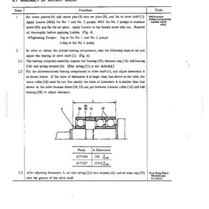 K&ouml;nnte beinhalten: Eine Seite aus einem technischen Handbuch mit der &Uuml;berschrift 4. ASSEMBLY, die die Montage einer Rotationsgruppe beschreibt. Sie enth&auml;lt nummerierte Schritte, ein Diagramm einer Antriebswelle mit Lagern 28, 35, 16 und 29 sowie eine Tabelle mit A-Ma&szlig;en.