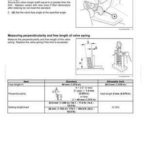May include: Diagram of engine cylinder heads with instructions for retouching valve faces and measuring valve spring perpendicularity. Includes measurements in inches and pounds, such as 40 mm (1.575 in) and 35.5 mm (1.398 in).