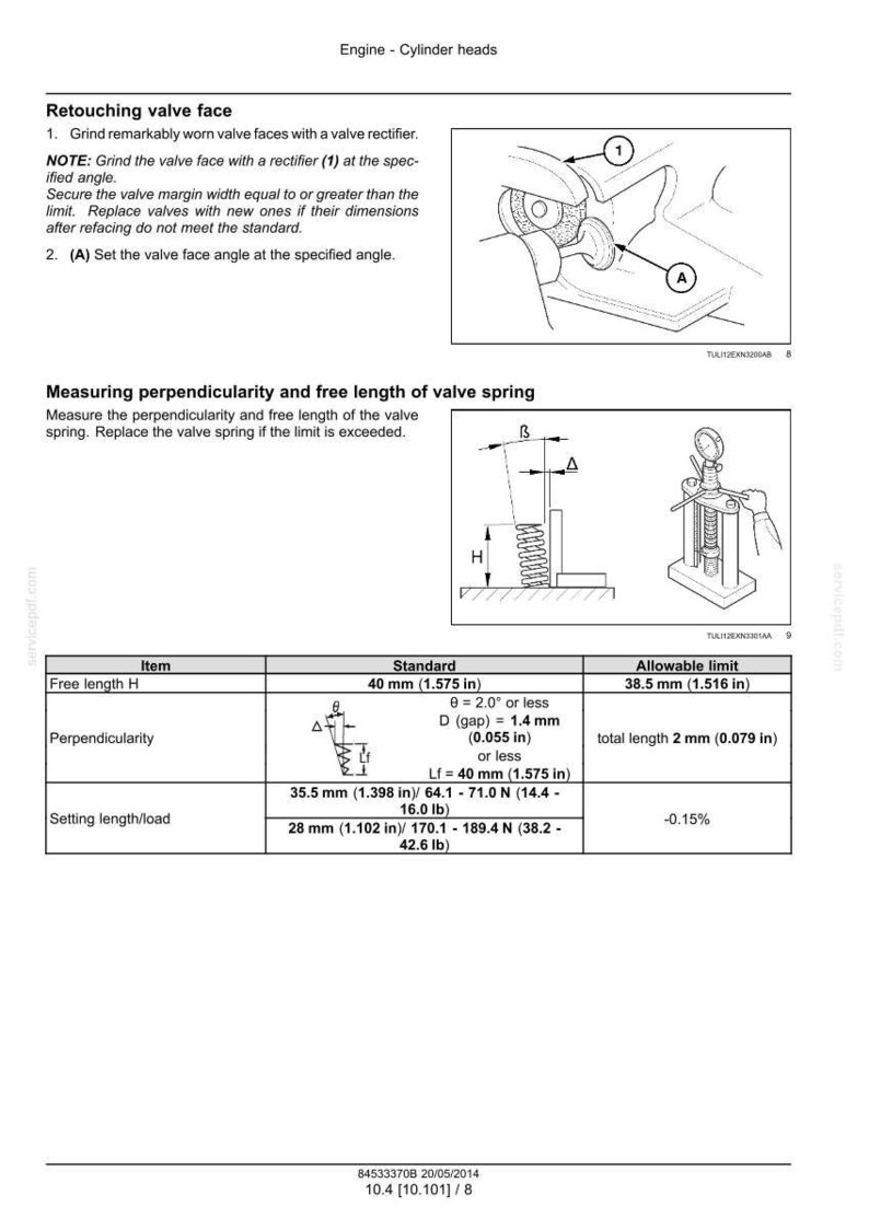 May include: Diagram of engine cylinder heads with instructions for retouching valve faces and measuring valve spring perpendicularity. Includes measurements in inches and pounds, such as 40 mm (1.575 in) and 35.5 mm (1.398 in).