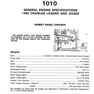 May include: A technical document titled "Section 1010" with specifications for a 504BDT diesel engine. The document includes engine details such as bore (4-5/8 inches), stroke (5 inches), and compression ratio (15.8 to 1). The document is printed in the USA.