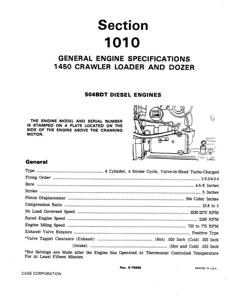 May include: A technical document titled "Section 1010" with specifications for a 504BDT diesel engine. The document includes engine details such as bore (4-5/8 inches), stroke (5 inches), and compression ratio (15.8 to 1). The document is printed in the USA.