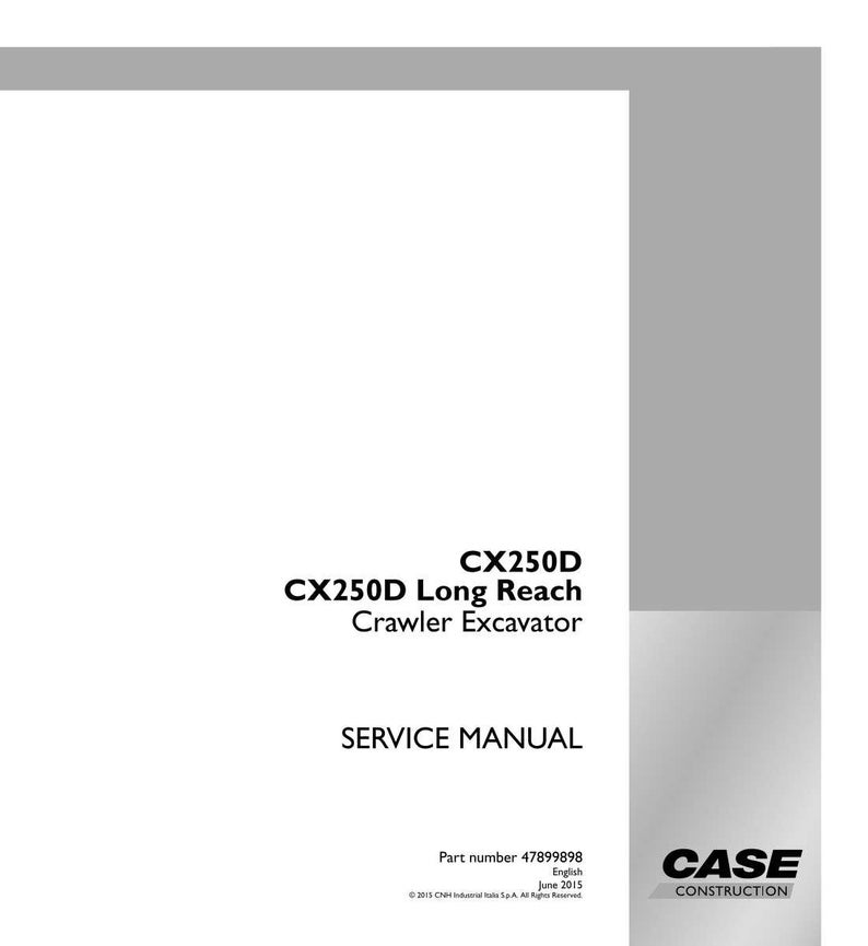 May include: A white service manual for a CX250D Long Reach Crawler Excavator. The cover features the text "CX250D Long Reach Crawler Excavator" and "SERVICE MANUAL". The Case Construction logo is in the bottom right corner.