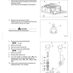 May include: A technical manual page titled Upperstructure E265C-E305C detailing the removal and installation of a hydraulic oil tank. It includes black and white line drawings of machine components, numbered parts, and instructions for a 172 L tank.