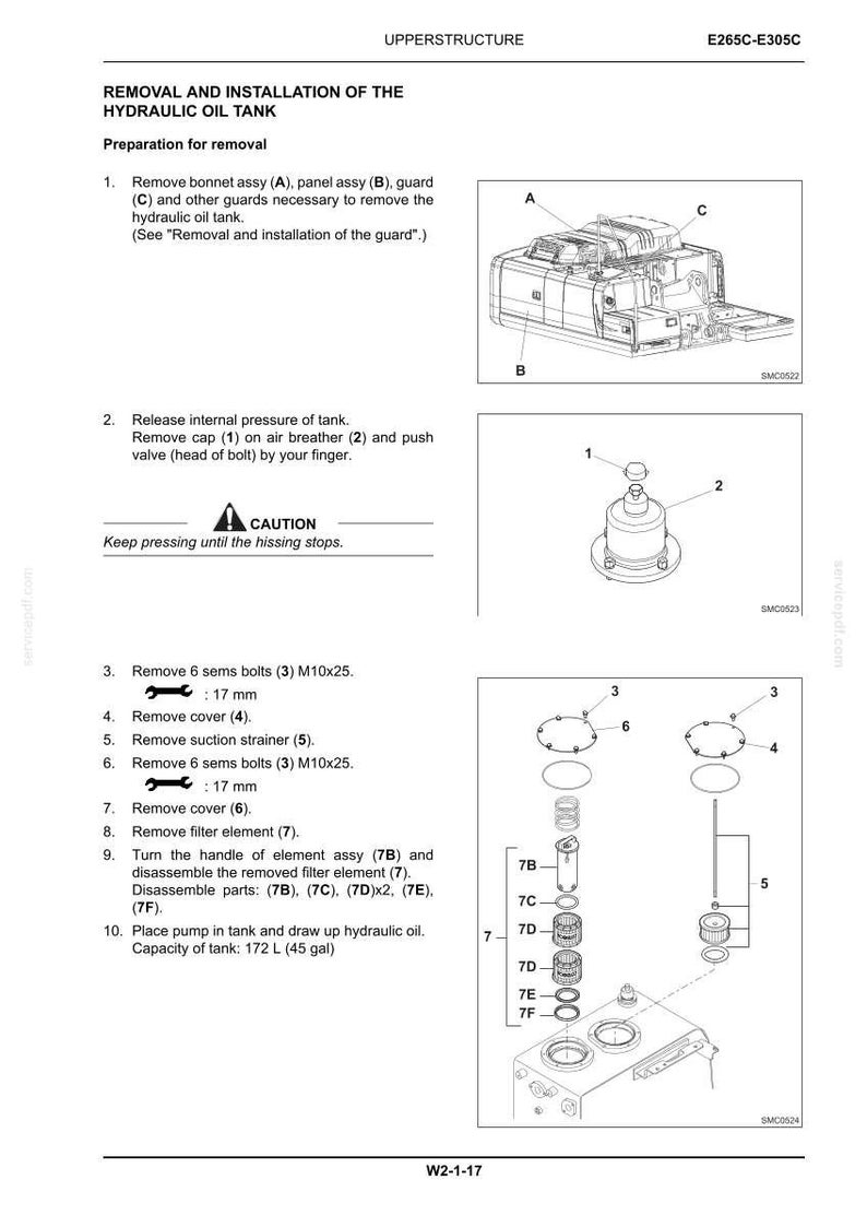 May include: A technical manual page titled Upperstructure E265C-E305C detailing the removal and installation of a hydraulic oil tank. It includes black and white line drawings of machine components, numbered parts, and instructions for a 172 L tank.
