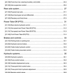 May include: A detailed technical document with a table of contents. The document lists various mechanical systems, including front and rear axle systems, power take-off (PTO), brakes, controls, and hydraulic systems. The document also includes page numbers.