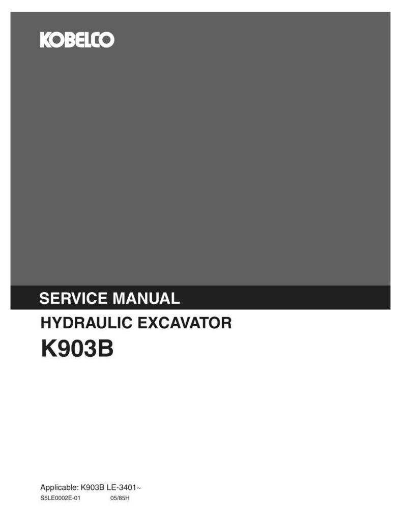 Puede incluir: Un manual de servicio gris para una excavadora hidr&aacute;ulica Kobelco modelo K903B. La portada presenta el logotipo blanco de Kobelco en la parte superior, con el texto SERVICE MANUAL, HYDRAULIC EXCAVATOR y K903B impreso en blanco y negro abajo.
