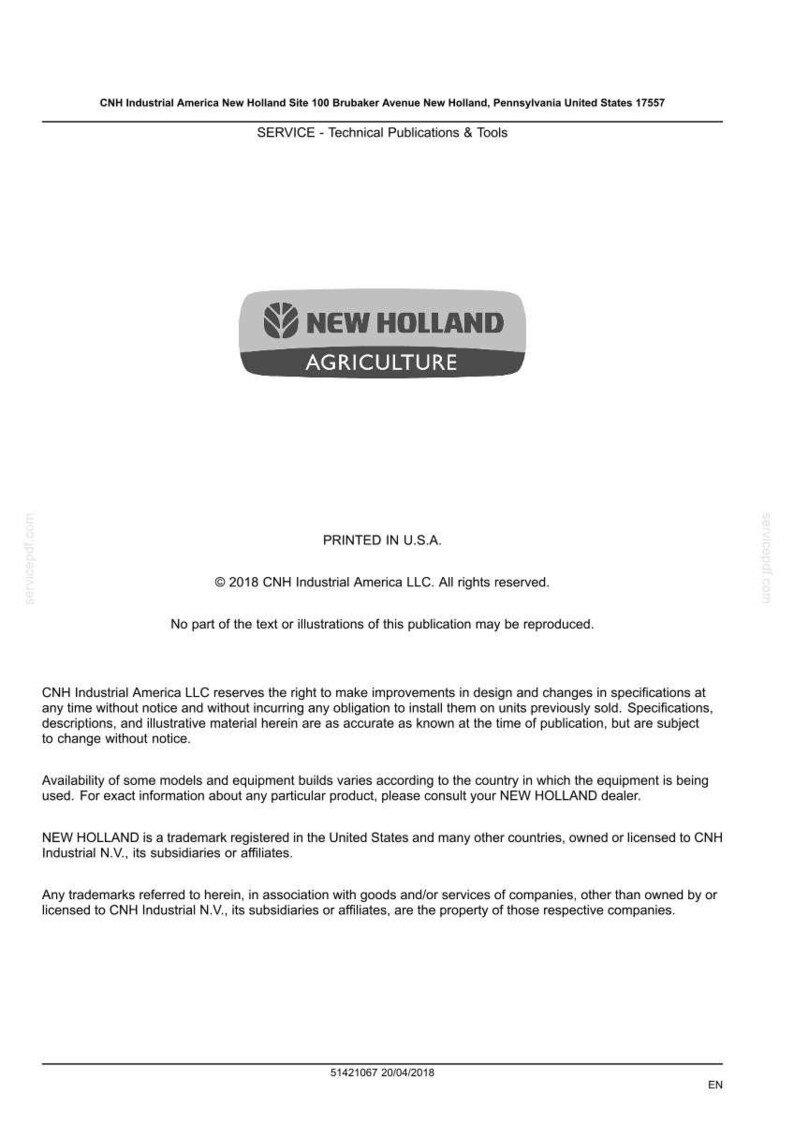 May include: A white document with the "NEW HOLLAND AGRICULTURE" logo. The document includes text about technical publications and tools, copyright information, and trademark details. Printed in the U.S.A.