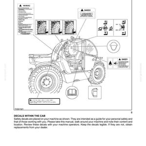 May include: Line drawing of a construction vehicle with safety decals. The image includes warning and danger symbols, diagrams, and text. The text reads "Safety Decals" and "Decals Within The Cab".