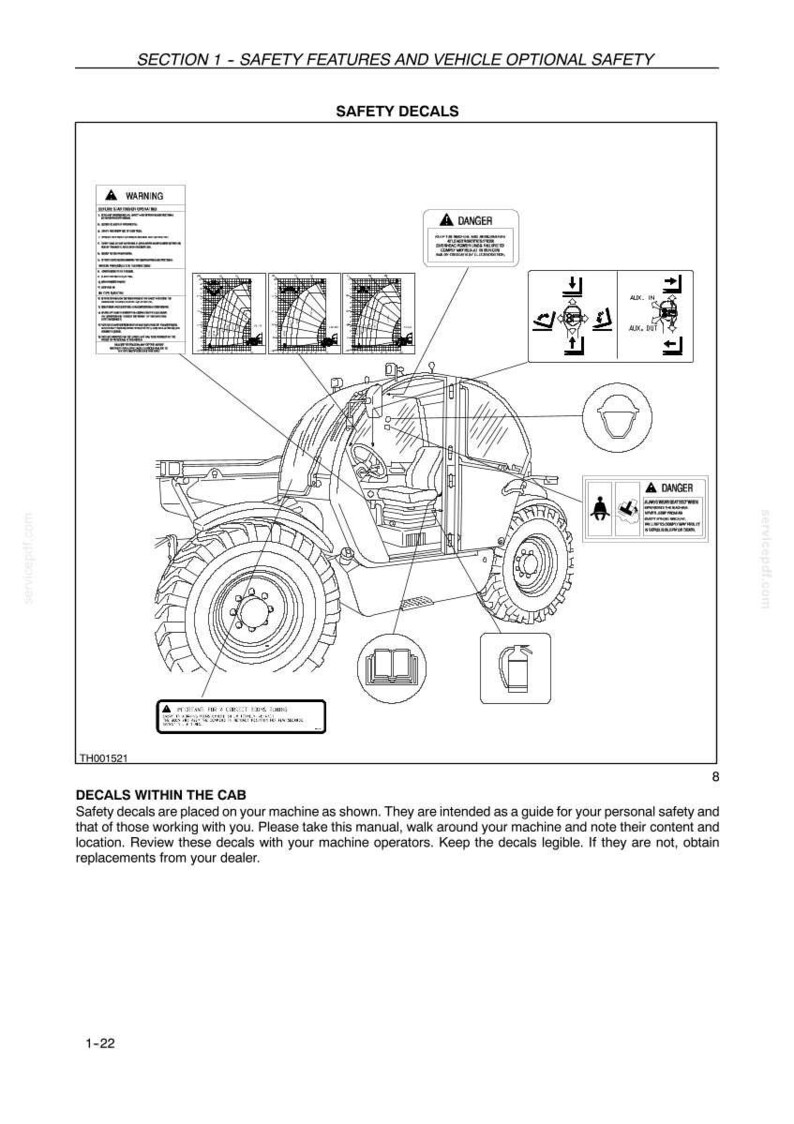 May include: Line drawing of a construction vehicle with safety decals. The image includes warning and danger symbols, diagrams, and text. The text reads "Safety Decals" and "Decals Within The Cab".
