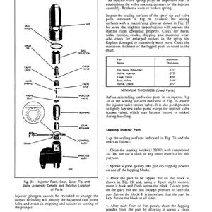 Puede incluir: Diagrama de un inyector de combustible Detroit Diesel 71 con piezas etiquetadas, incluyendo la punta de pulverizaci&oacute;n, la jaula de la v&aacute;lvula y el inyector. El texto detalla los espesores m&iacute;nimos e instrucciones de lapeado.