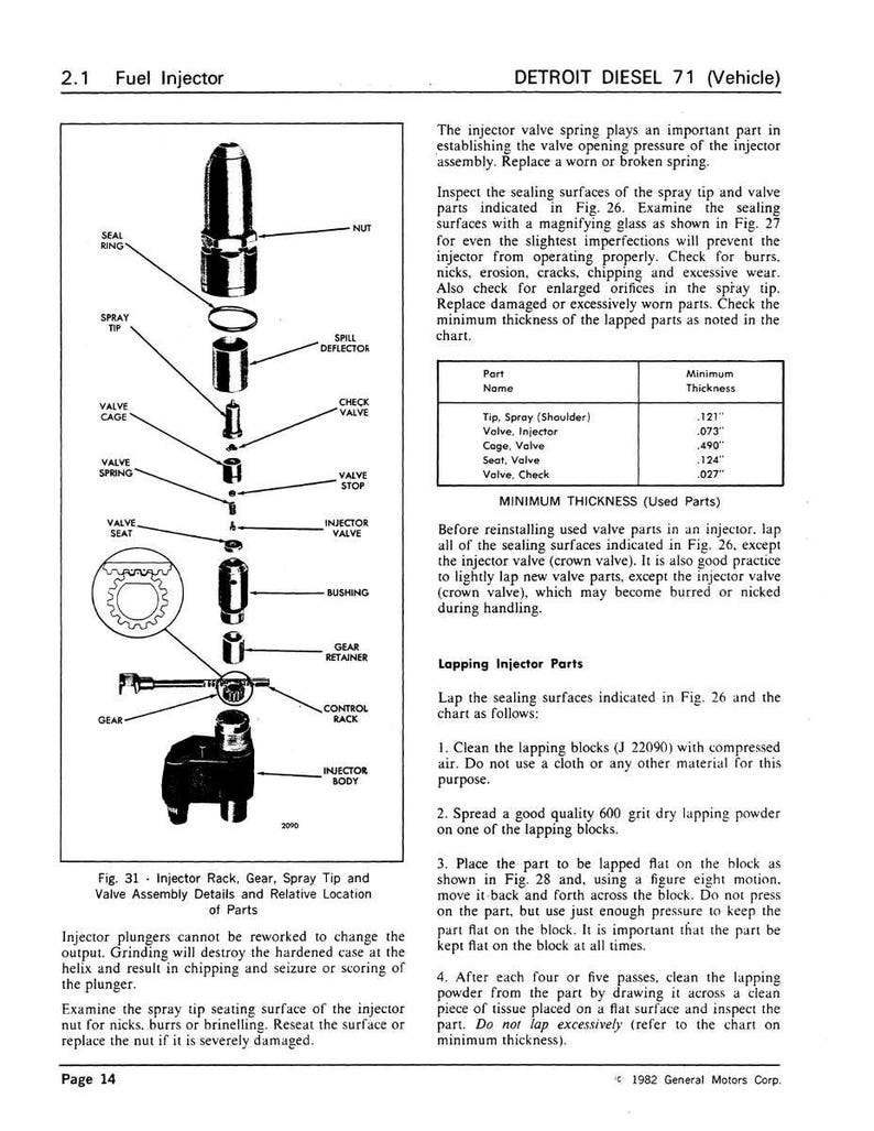 Puede incluir: Diagrama de un inyector de combustible Detroit Diesel 71 con piezas etiquetadas, incluyendo la punta de pulverizaci&oacute;n, la jaula de la v&aacute;lvula y el inyector. El texto detalla los espesores m&iacute;nimos e instrucciones de lapeado.