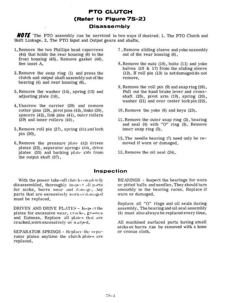 May include: A detailed technical diagram and disassembly instructions for a PTO clutch, including steps for removing various components like capscrews, snap rings, and plates. The text also includes inspection guidelines for wear and damage.